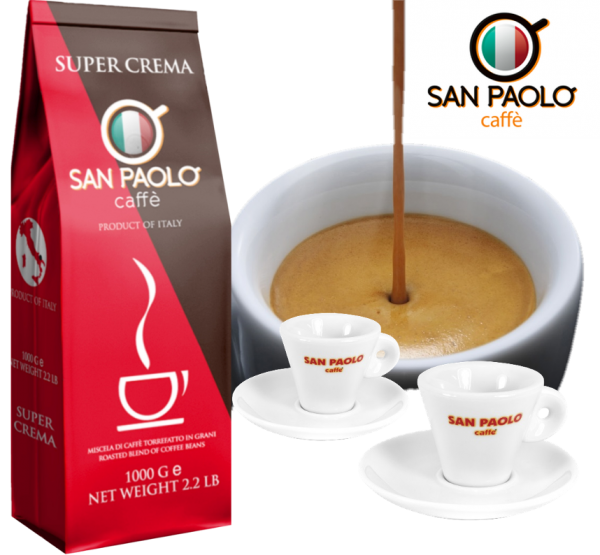 San Paolo Espresso Geschenk - Set (1kg Bohnen + 2x San Paolo Espressotasse inkl. Untere)